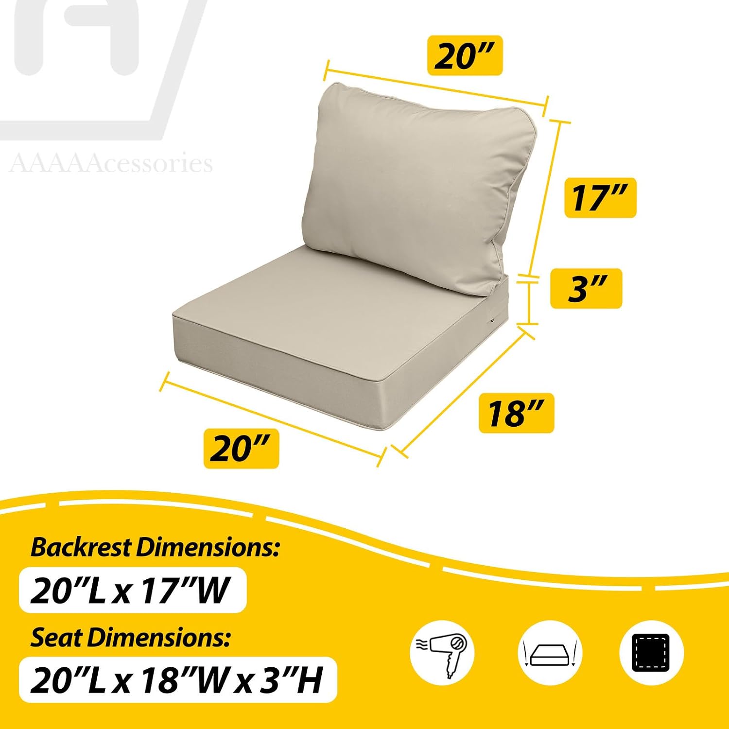 AAAAAcessories Outdoor Seat Cushions for Chairs, Fade-Resistant, Waterproof Patio Furniture Replacement Cushions, 20' x 18' x 3' + 20' x 17', Set of 4, Khaki Beige