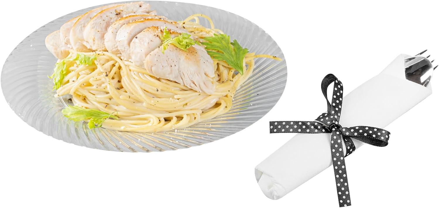 Restaurantware-7.3 Inch x 2 Inch Plastic Cutlery Sets, 100 Flatware Sets - Polka Dot Ribbon, With White Napkin, Individually Wrapped, Silver Plastic Disposable Cutlery Sets, For Weddings And Events