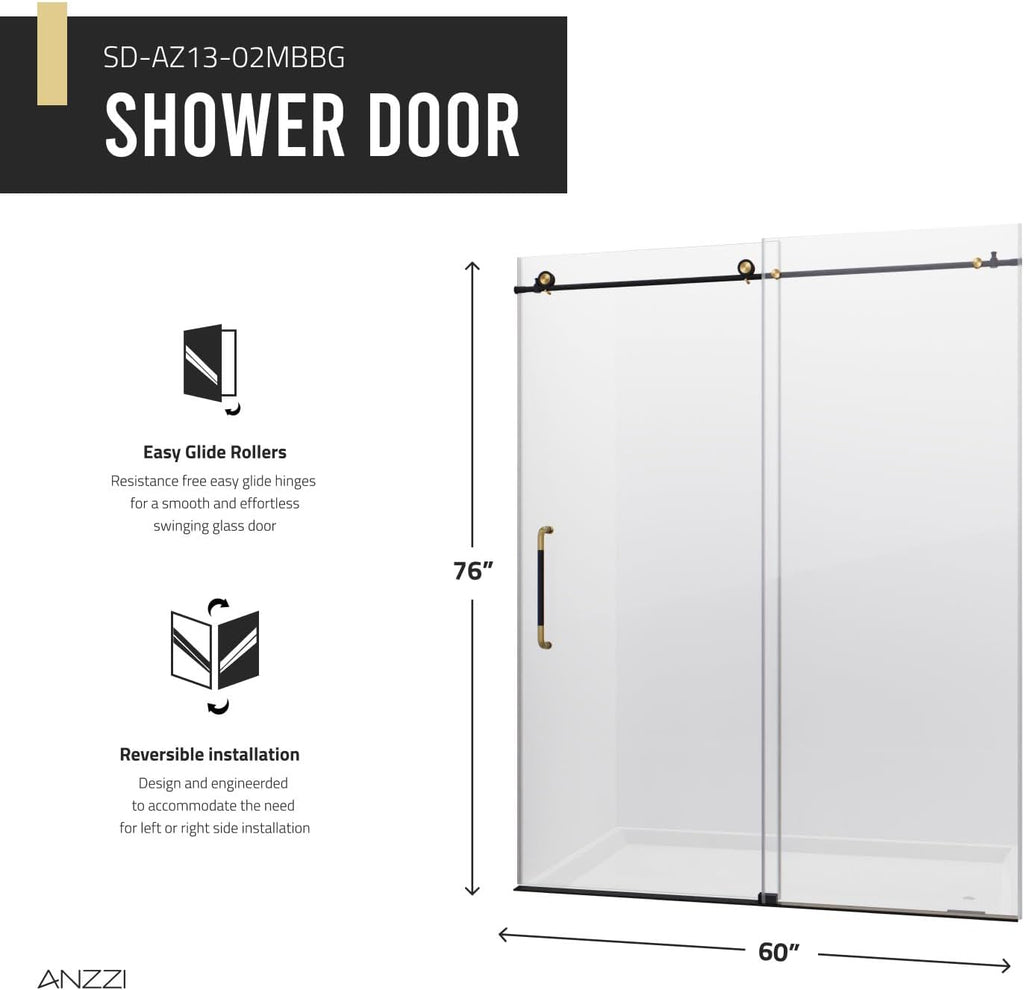 ANZZI Frameless Shower Door 76' x 60' Frameless Shower Door with Sliding - Matte Black and Brushed Gold - Madam Series