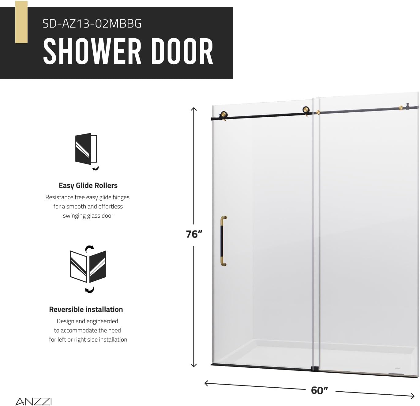 ANZZI Frameless Shower Door 76' x 60' Frameless Shower Door with Sliding - Matte Black and Brushed Gold - Madam Series