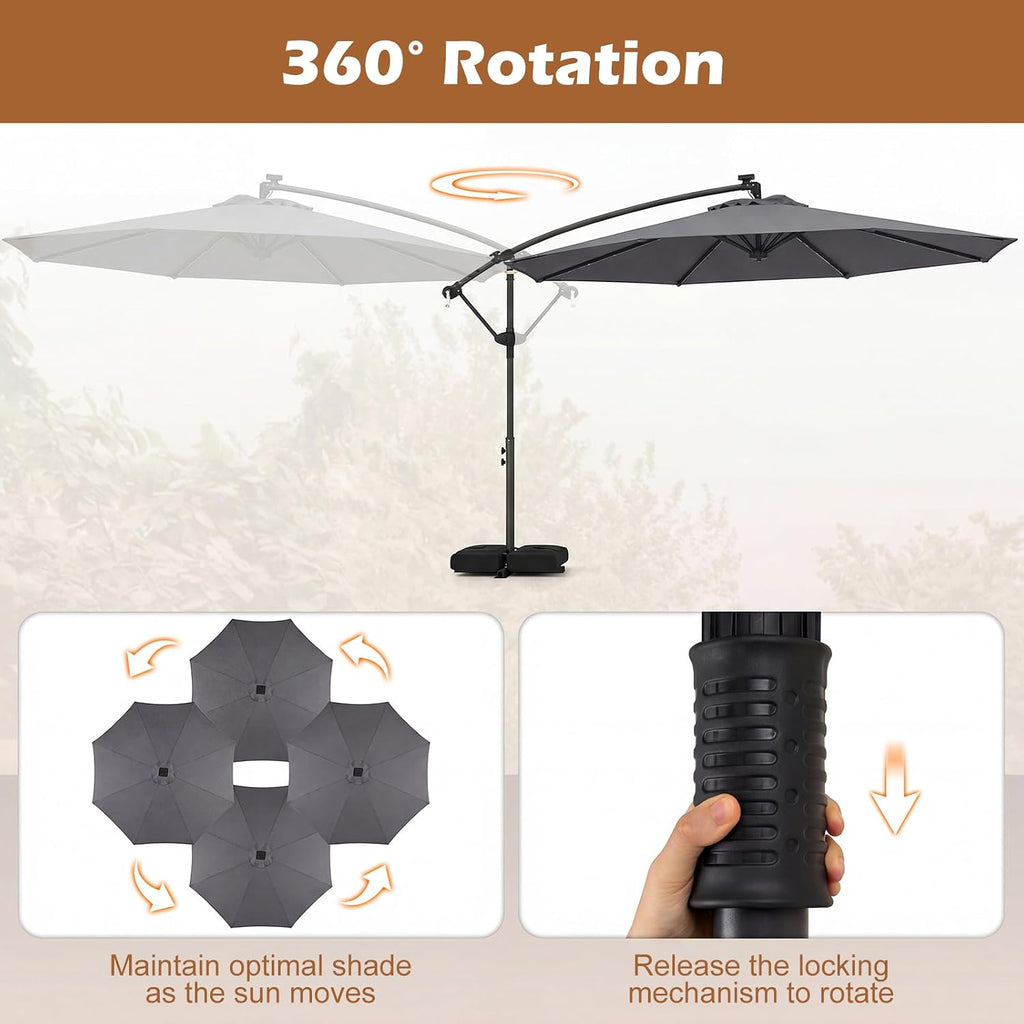 Tangkula 10ft Solar Patio Umbrella with Base Included, Offset Cantilever Outdoor Umbrella with 32 LED Lights, 360 Degree Rotation, Crank Handle for Pool Deck Garden Backyard (Gray)