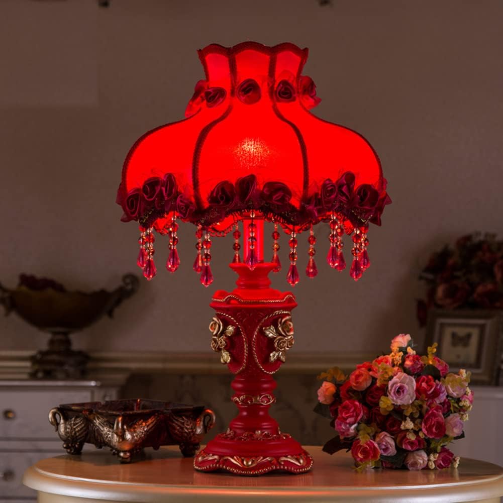 Red Victorian Lamp Antique Fabric Table Lamp European Pastoral Night Stand Lamp 1 Head Flower Floral Table Light with Beaded Fringe and Lace