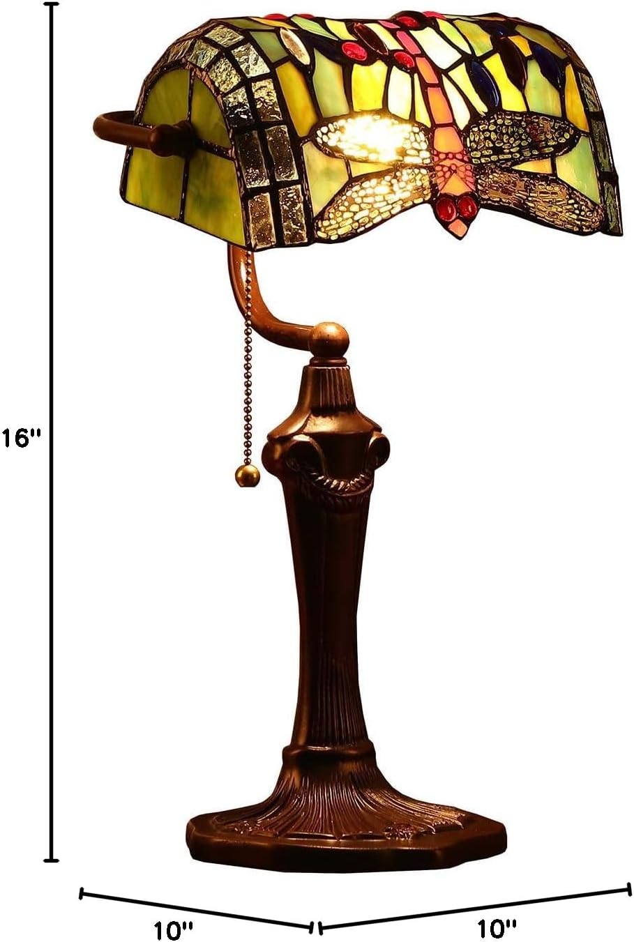 Bieye L10058 Dragonfly Tiffany Style Stained Glass Banker Table Lamp with 10-inch Wide Lampshade and Zinc Base for Reading Working Desk (Green)