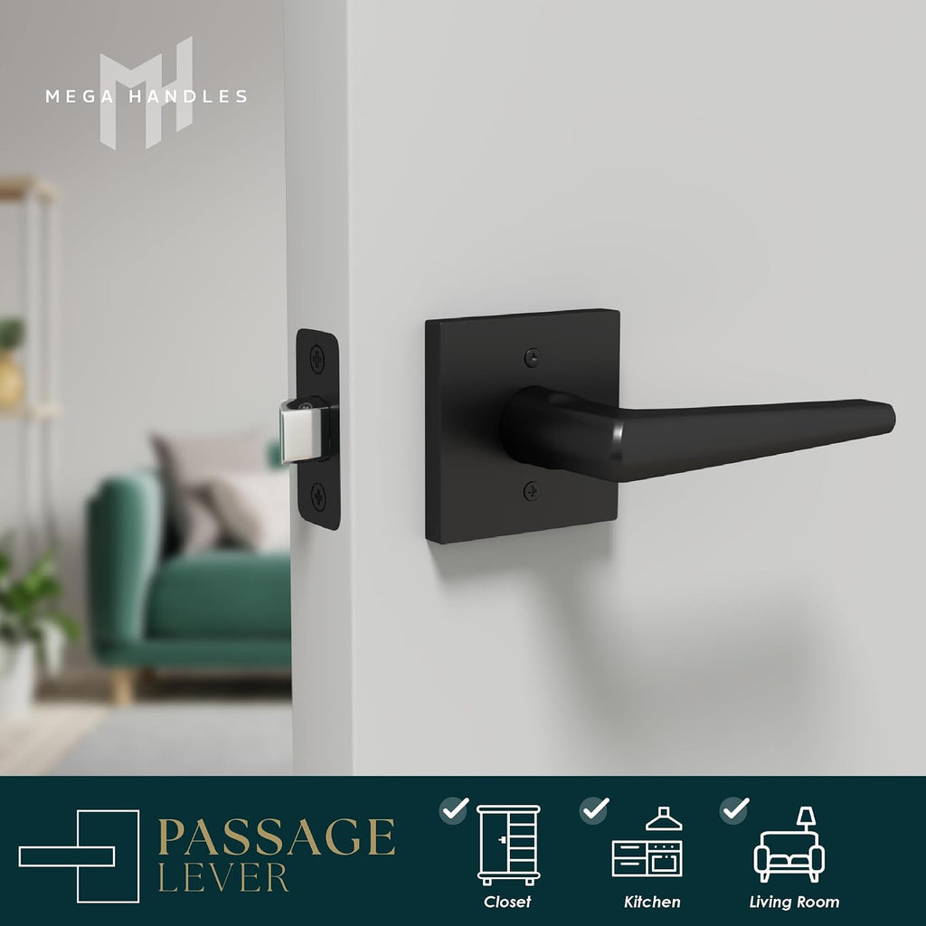 Mega Handles Schein Passage Door Handle - 3 Pack Reversible Black Door Handle, Heavy Duty No Lock Door Handles Interior for Closet & Hallway, Fits All Standard Door Sizes - Matte Black