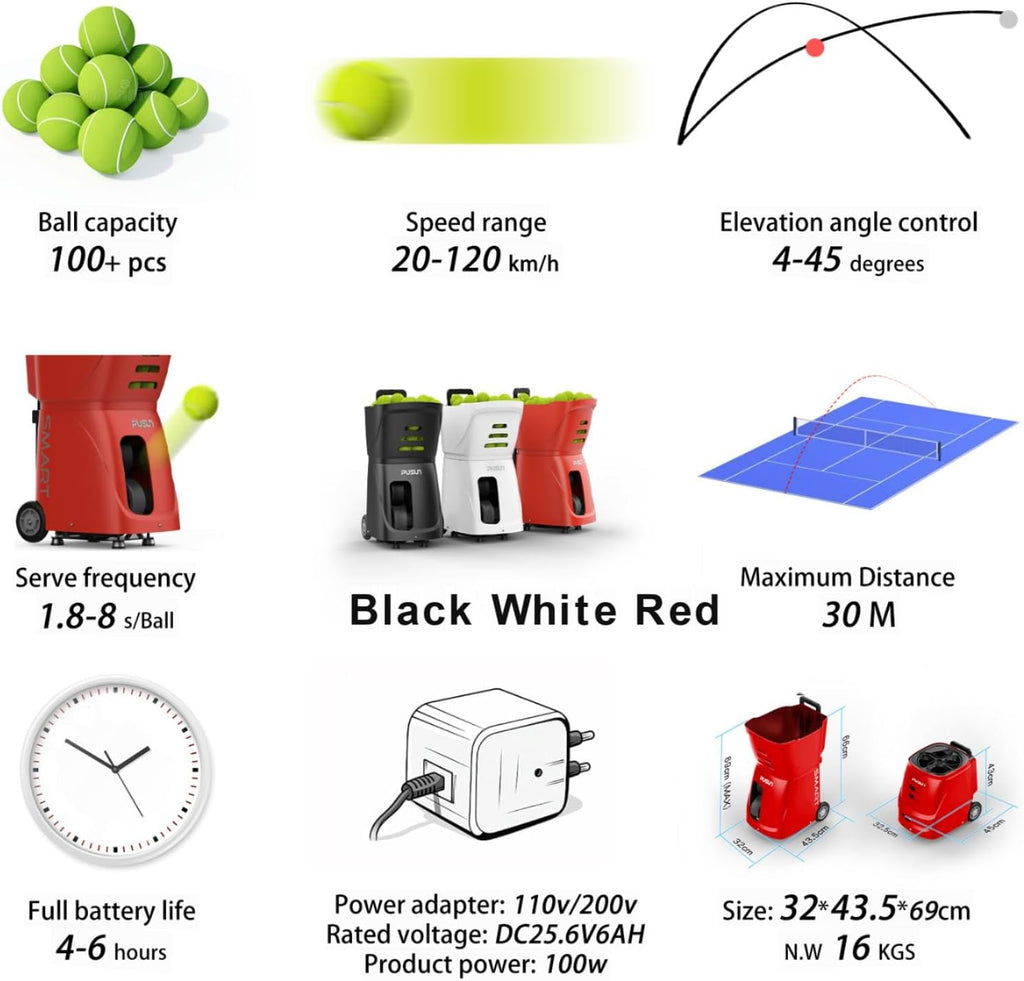 PT-SMART Tennis Ball Machine - Smart App for Apple Watch & Phone Control, Tennis Ball Launcher with 20 Landing Points, 12 Training Modes & 4-6h Battery Life, Tennis Serving Machine
