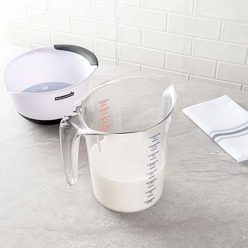 Restaurantware RW Base 4 Quart Measuring Jars 10 Durable Measuring Beakers - Metric And Imperial Units V-Shaped Spout Clear Plastic Measuring Cups Handle With Thumb-Grip Tolerates Up To 248F