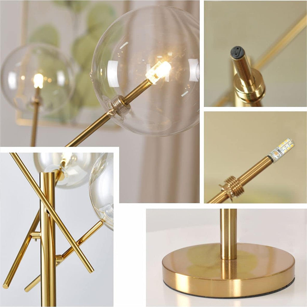 KCO Lighting Modern Gold Table Lamp 3-Light Glass Globe Night Lamp Mid Century Antique Brass Indoor Bubble Shade Standing Lighting Metal Desk Light for Bedroom Study Room Hotel