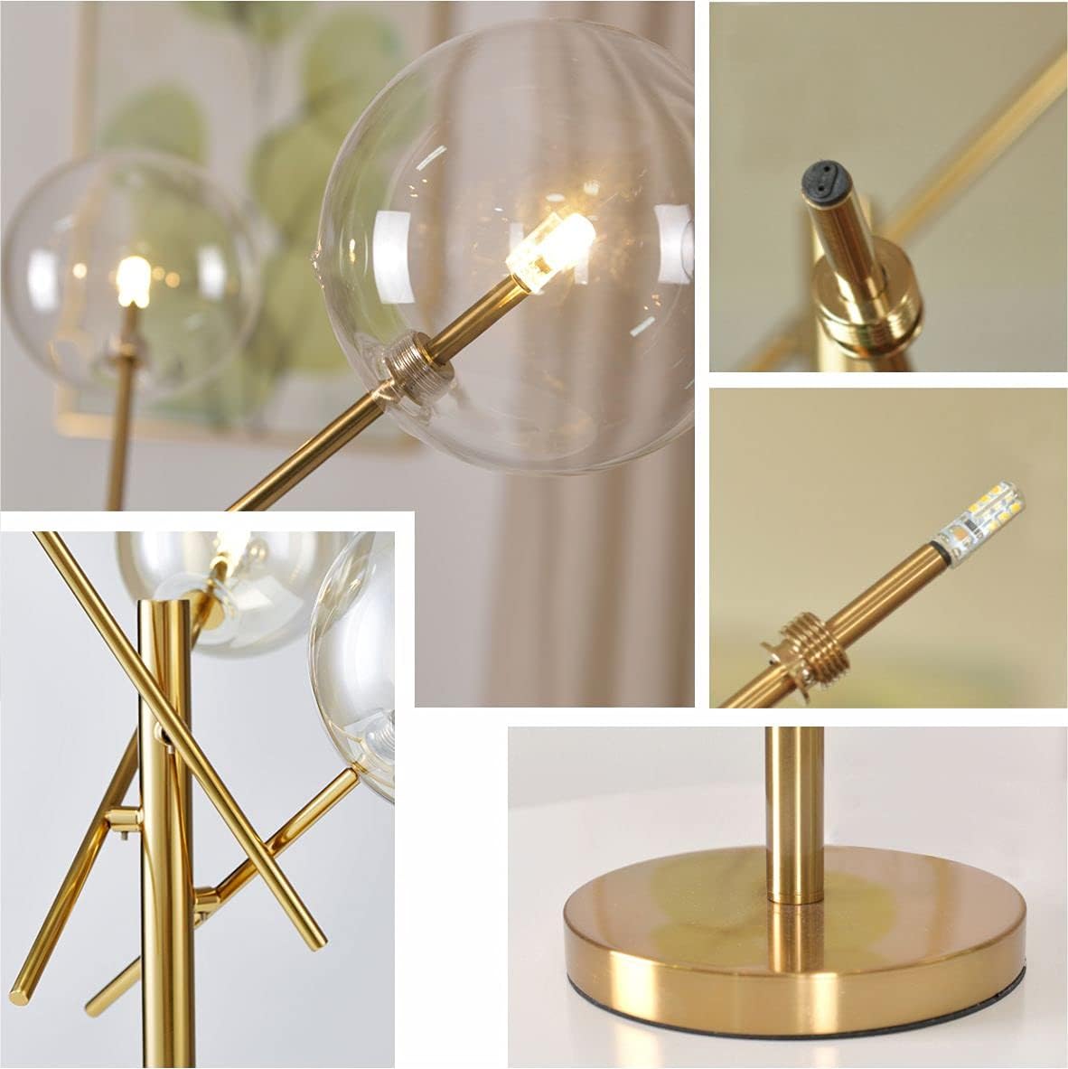 KCO Lighting Modern Gold Table Lamp 3-Light Glass Globe Night Lamp Mid Century Antique Brass Indoor Bubble Shade Standing Lighting Metal Desk Light for Bedroom Study Room Hotel