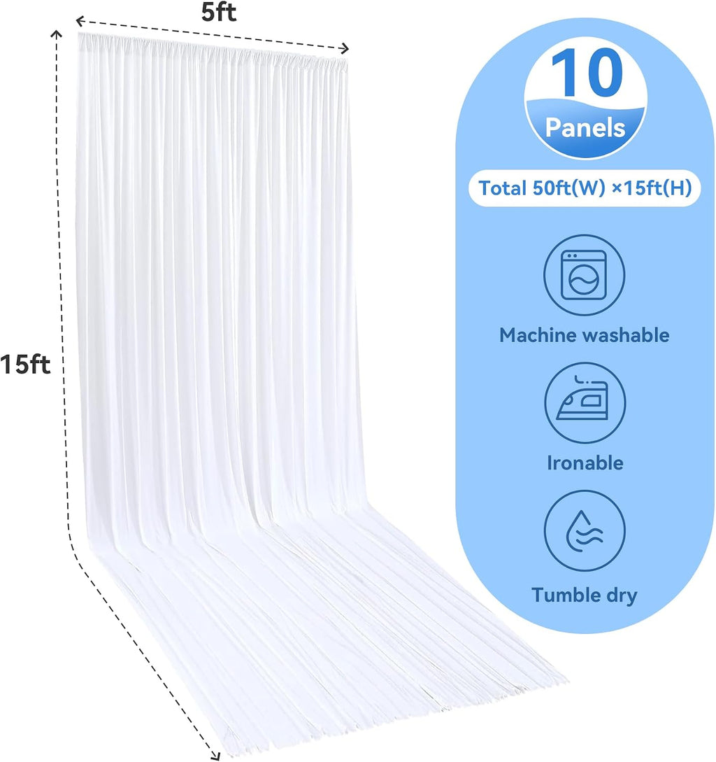 50ft x 15ft Long Backdrop Curtains for Wedding Parties, Wrinkle Free Polyester 10 Panels 15ft Long Photo Backdrop Drapes Back Drop Cloth Drapery for Birthday Photography Background Curtain