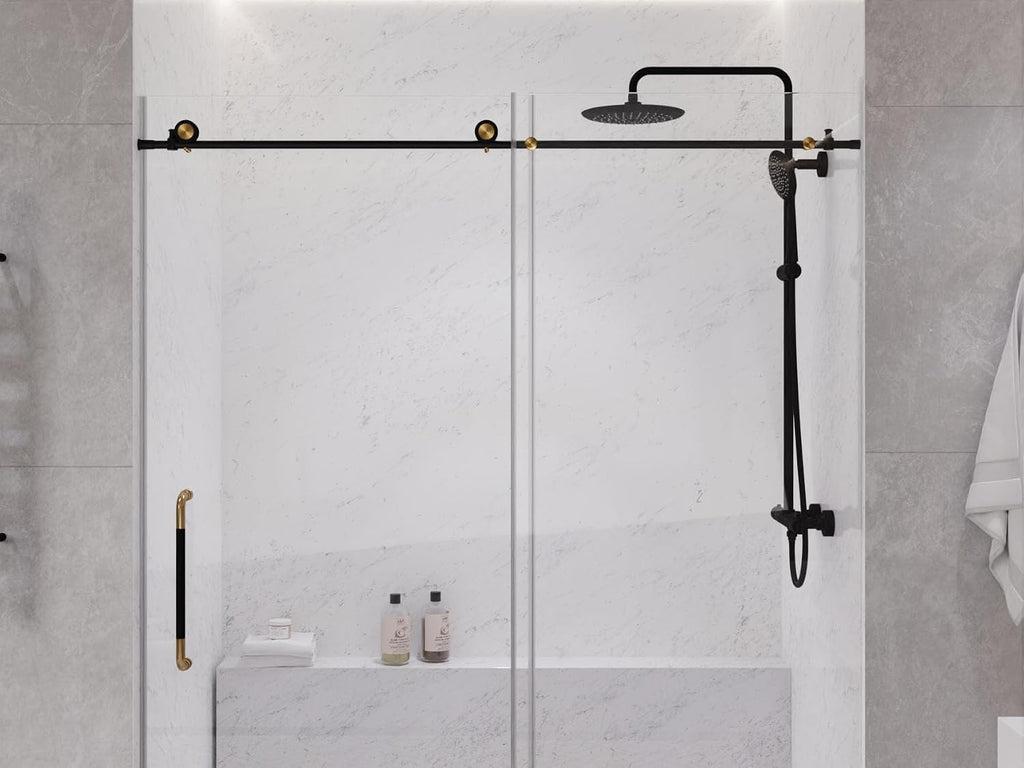 ANZZI Frameless Shower Door 76' x 60' Frameless Shower Door with Sliding - Matte Black and Brushed Gold - Madam Series