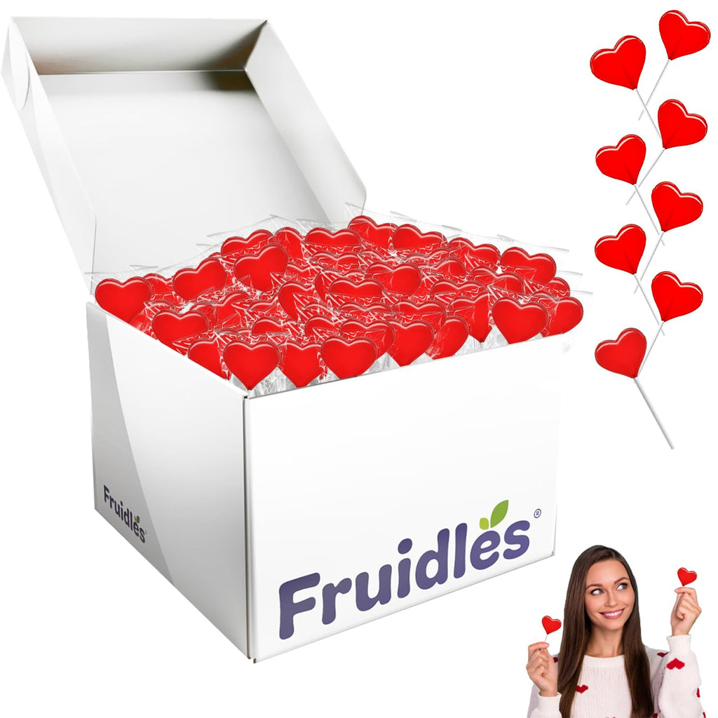 Fruidles Valentines Day Lollipops Mini Red Heart Shaped Strawberry Flavored Lollipop, Individually Wrapped, 5g Lollipops (1600 Lollipops)