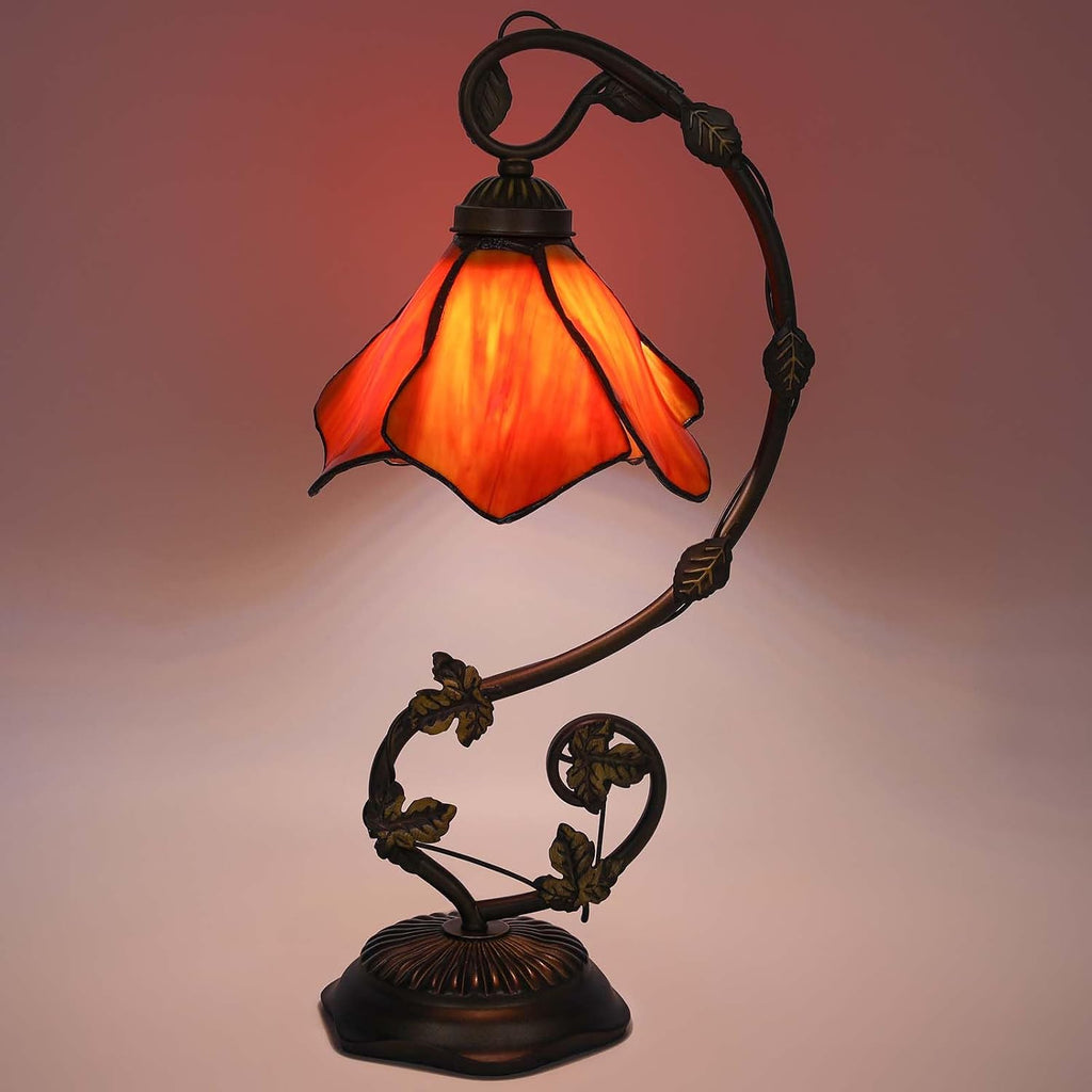 Stained Glass Table Lamp, Orange-Red Flower Style Metal Leaf Base Desk Reading Light, Adjustable 3 Color Temperature Decor for Bedroom Home Office