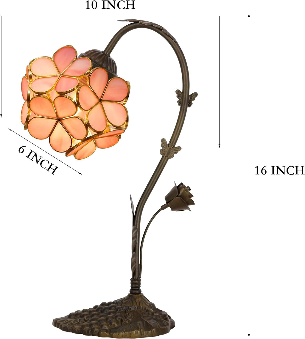 Tiffany Lamp Stained Glass Pink Small Flower Petal Table Lamp with Metal Leaf Resin Base 10X6X16 Inches Desk Reading Light