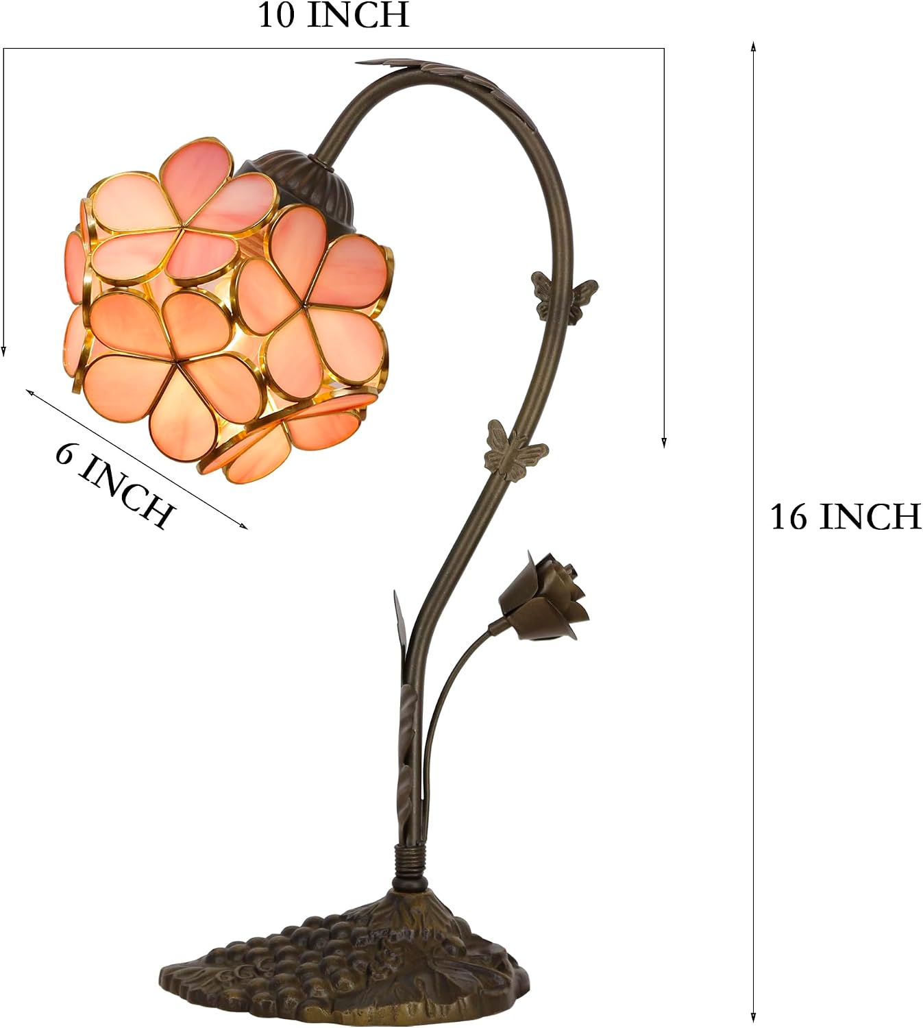 Tiffany Lamp Stained Glass Pink Small Flower Petal Table Lamp with Metal Leaf Resin Base 10X6X16 Inches Desk Reading Light