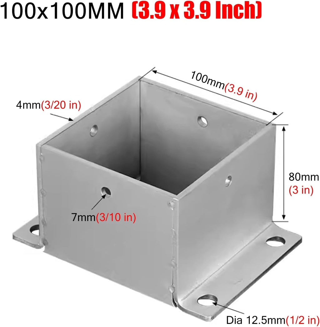 Stainless Steel Fence Post Bracket Decking Post Base for Deck Porch Handrail Railing Support, for Concrete, Pergola Stand Boots/Square Mailbox Post Anchors(100x100 mm (3.9x3.9 in))