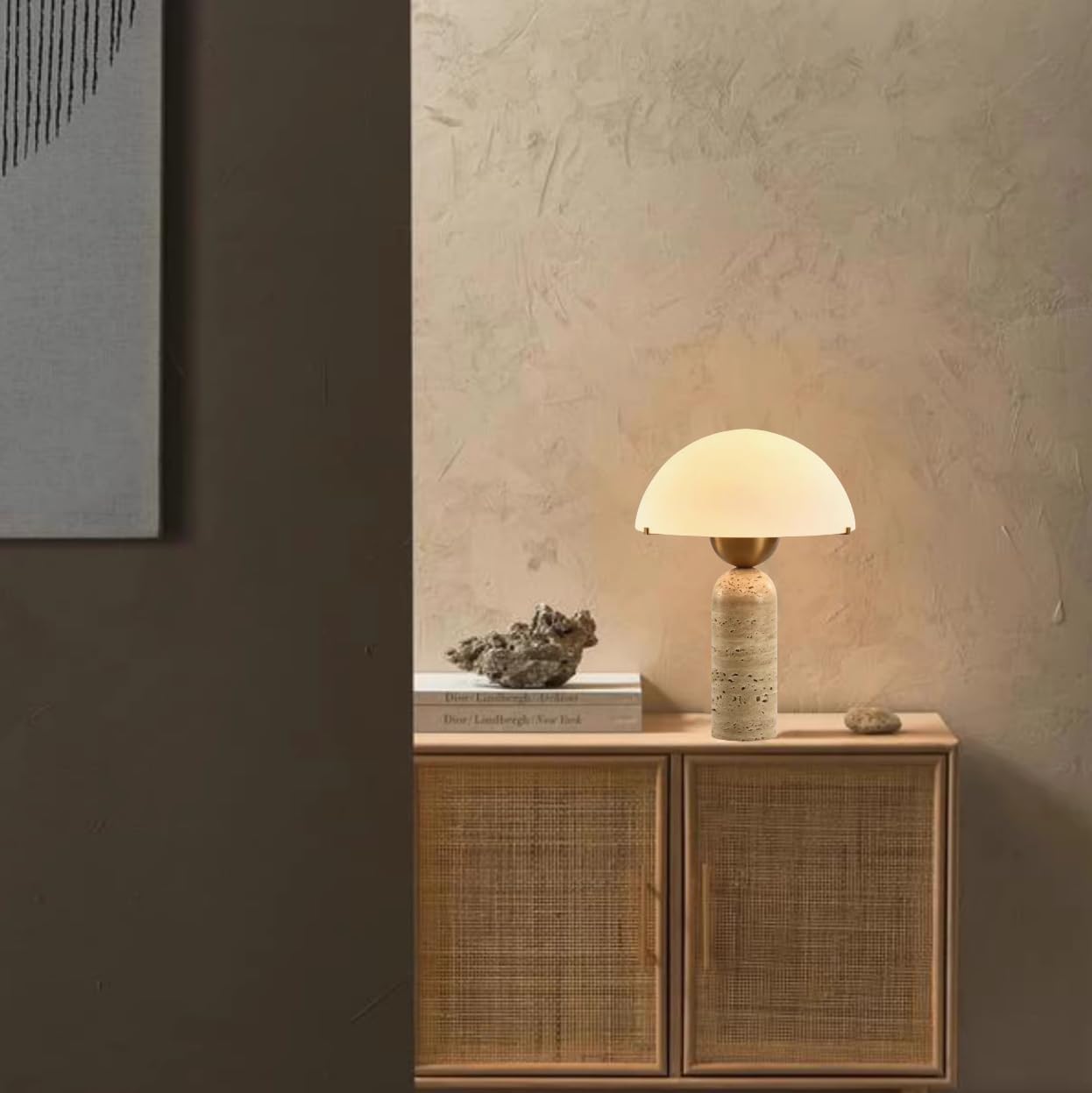 Scandinavian Modern Table Lamp Frosted Glass Shade Travertine Lamp Natural Stone Desk Lamp Mid-Century Dome Bedside Lamps for Living Room Side Lamps Bedroom Nightstand Light
