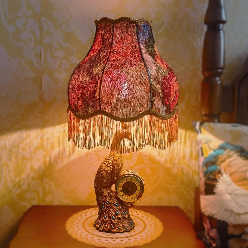 Gold Peacock Table Lamp with Clock Vintage Victorian Table Lamp for Living Room Fabric Shade Antique Bedside Lamp Retro Rustic Desk Nightstand Lamp for Farmhouse Bedroom Home Office Decor