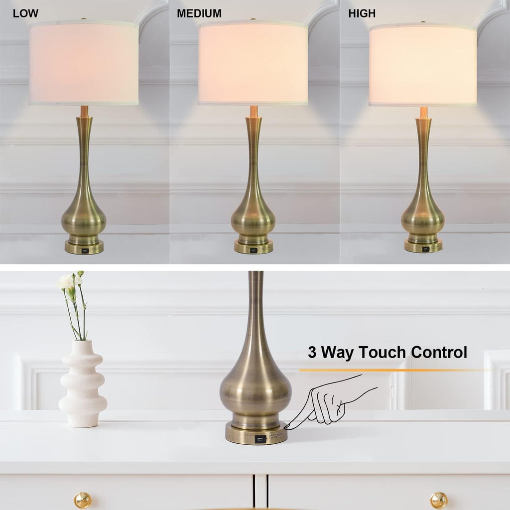 Touch Lamp for Bedrooms Set of 2, 3-Way Dimmable Nightstand Lamp Sets with Linen Fabric Shade, Bedside Lamp with USB Port & E26 Socket, Modern Tall Table Lamp for Bedroom, Living Room, Office
