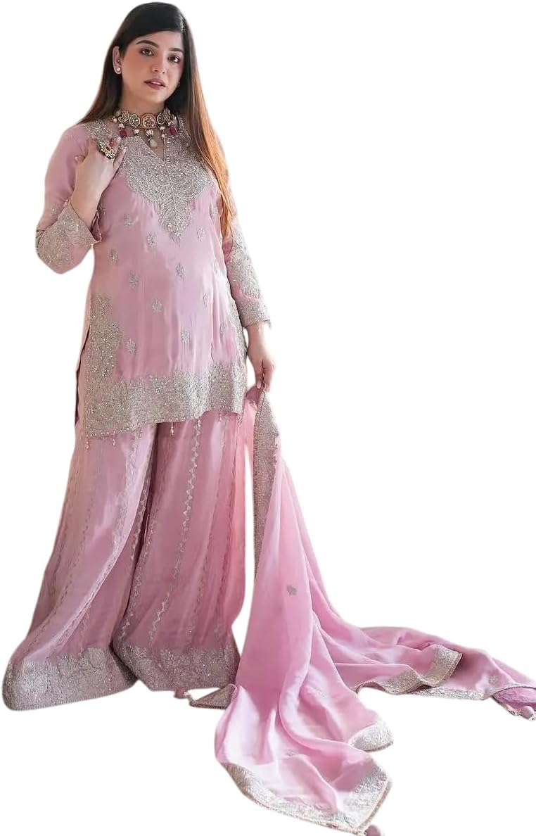 Women's Chinon Silk Embroidered Kurti With Sharara & Dupatta Set with Rivet Moti Work