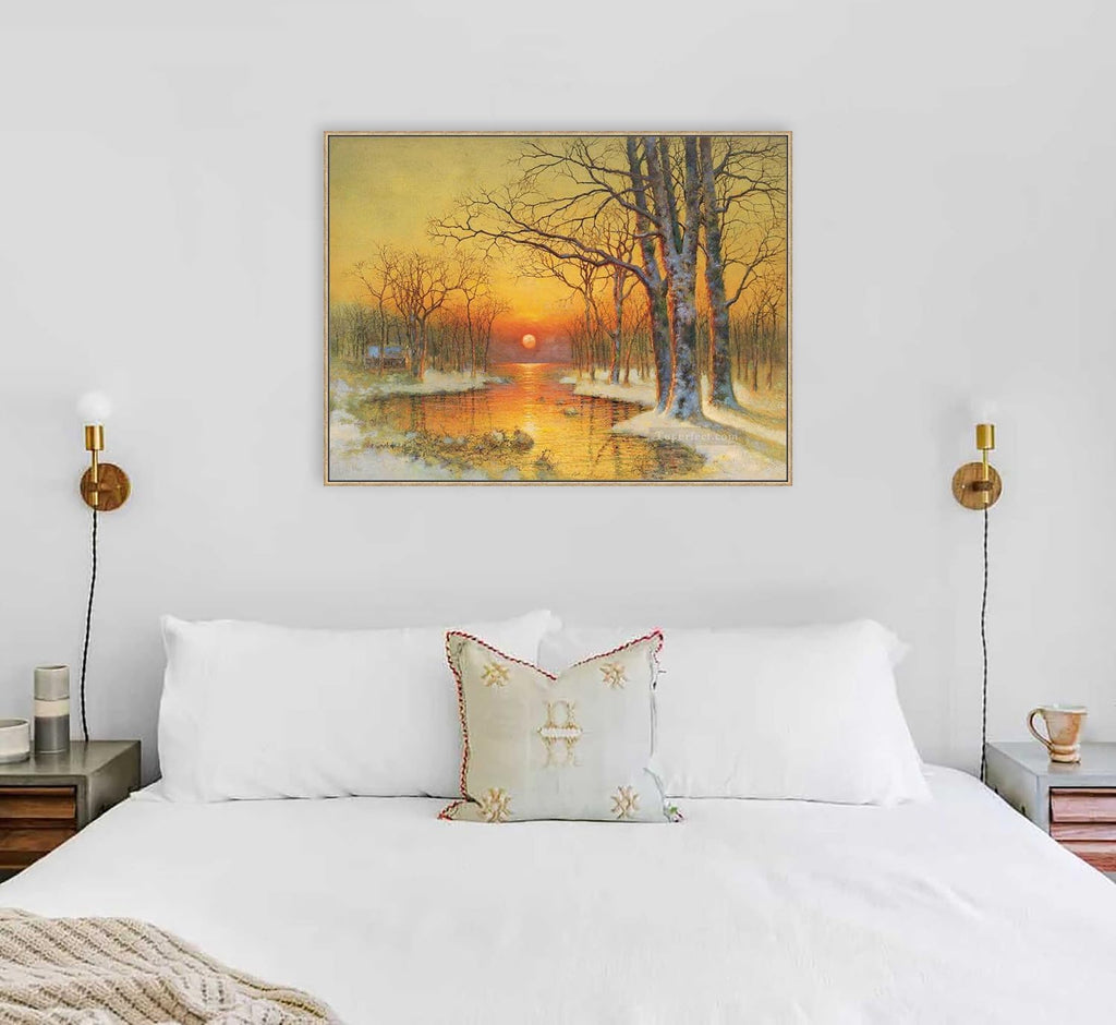 Toperfect 30 Original Landscape Paintings Winter Art Canvas, After Snow Wall Painting Nature, Trees by Water Room decor, Handmade Orange Warm Sunset Home Decorations by College Teachers 2