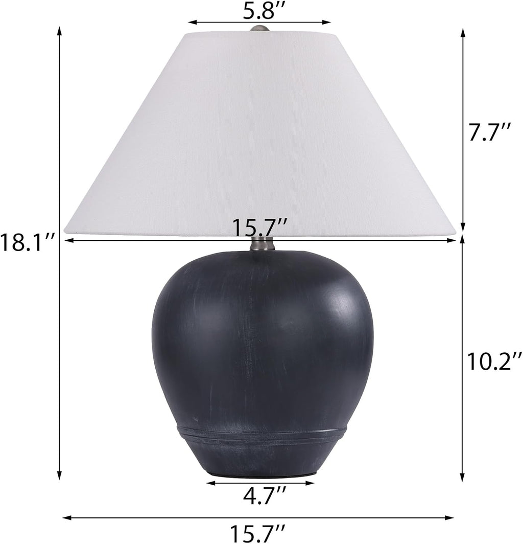 Pia Ricco 21'' Medium Size Black Glossy Ceramic Base Ceramic Basin Table Lamp Set of 2 for Bedroom, Living Room, Dining Room, Office, White Shade,Black Base