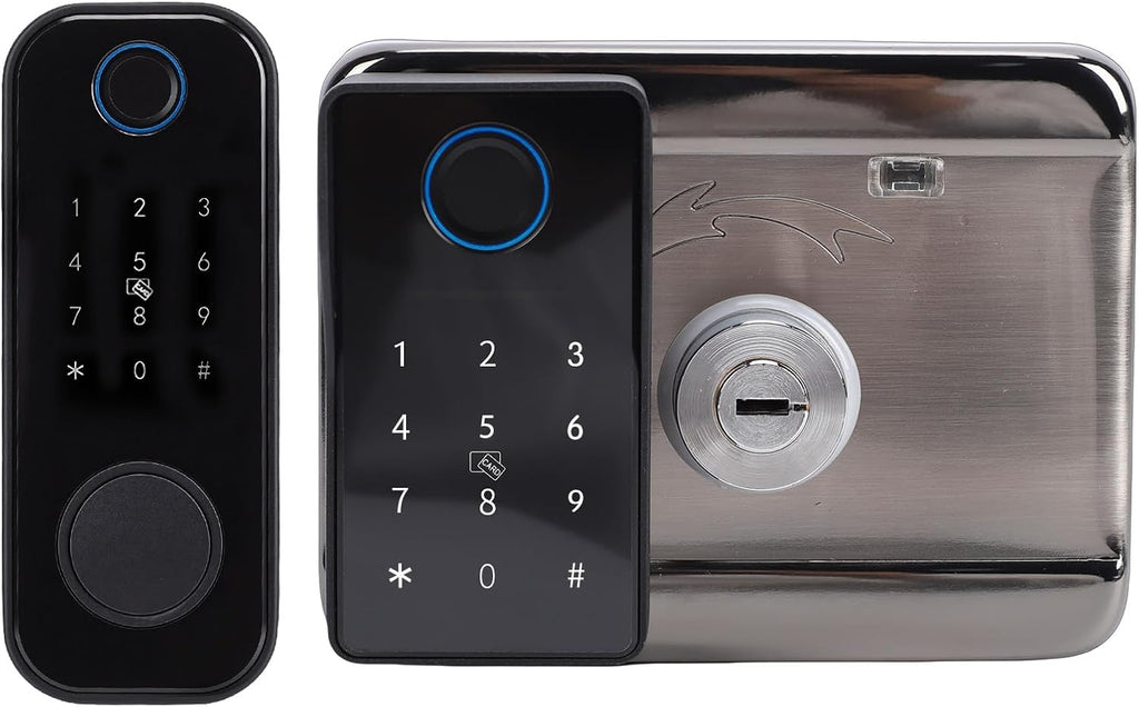 FTVOGUE Smart Gate Lock, Double Sided Fingerprint Lock with 5 Unlock Methods Keypad Keys Card for Garden Fence Yard Hollow Door