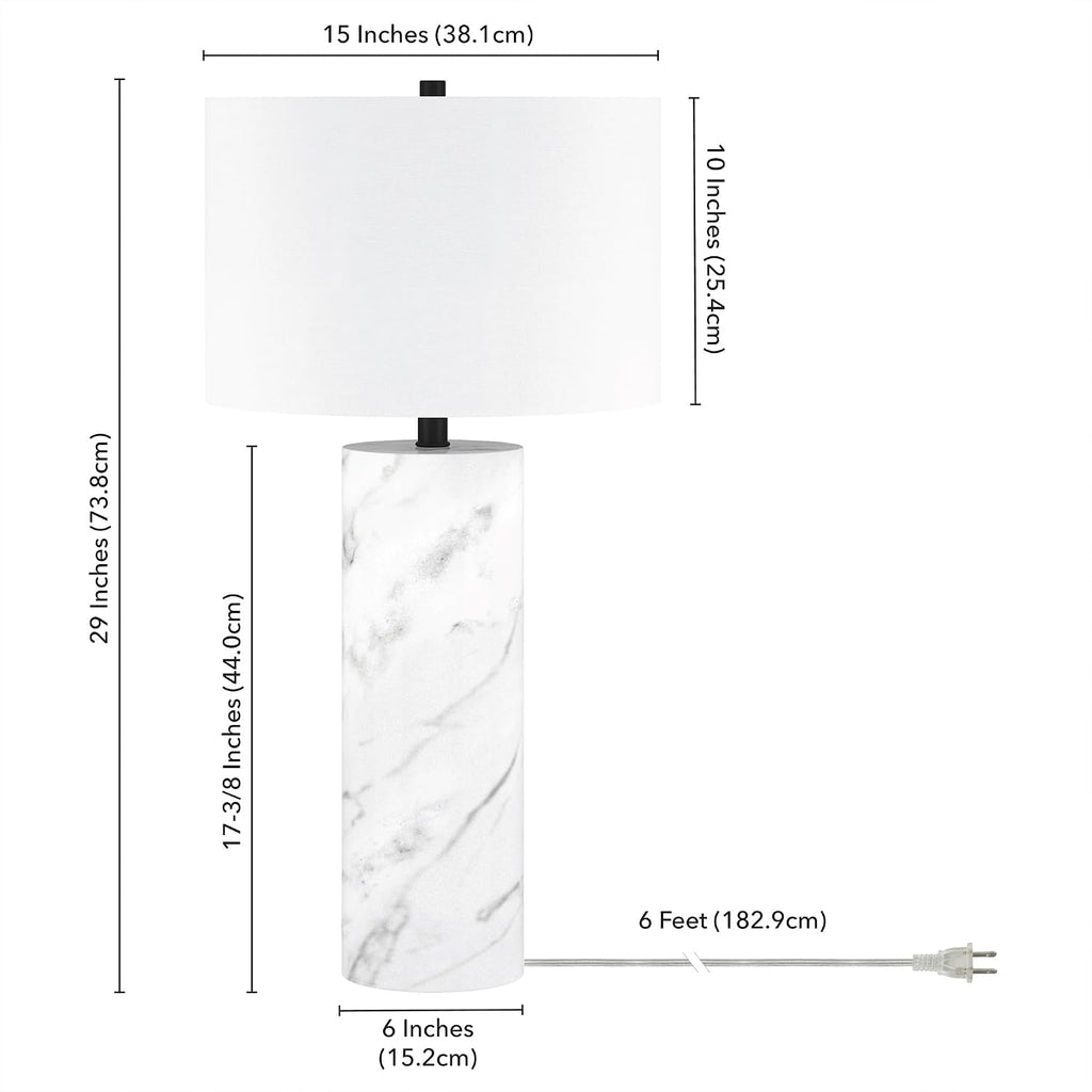 Henn&Hart 29.5' Glam 1-Light Table Lamp with White Fabric Drum Shade for Living Room, Bedroom, or Office, Carrara/Ebony