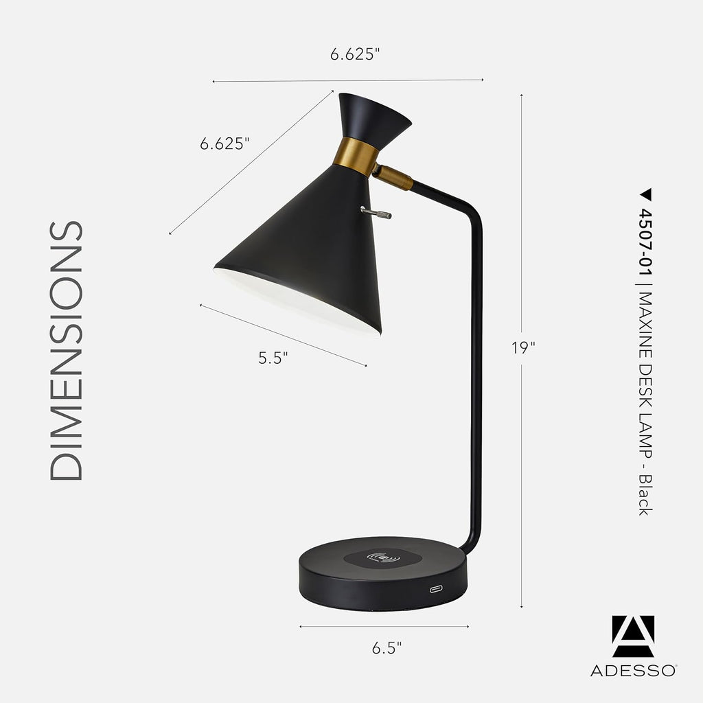 Adesso Desk Lamp – Qi Wireless Charging for Smartphones & USB Port, Adjustable Shade Black and Brass Lamp for Home Office, Dorm, Bedroom, 19' Tall