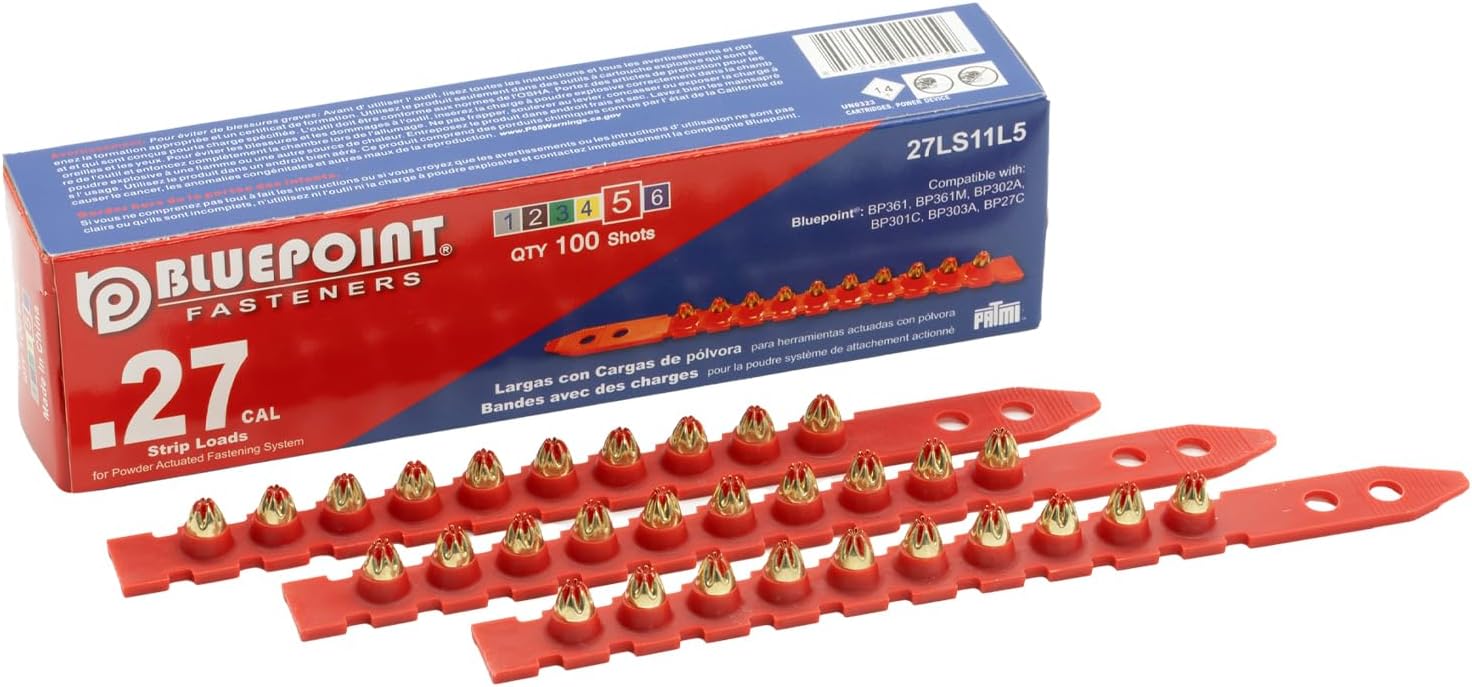 BLUEPOINT .27 Caliber RED Strip Powder Loads for Power Actuated Fastening System (1000 Count). Item#27LS11L5. Ideal for Reliable Fastening Applications. 10-Pack Save $30