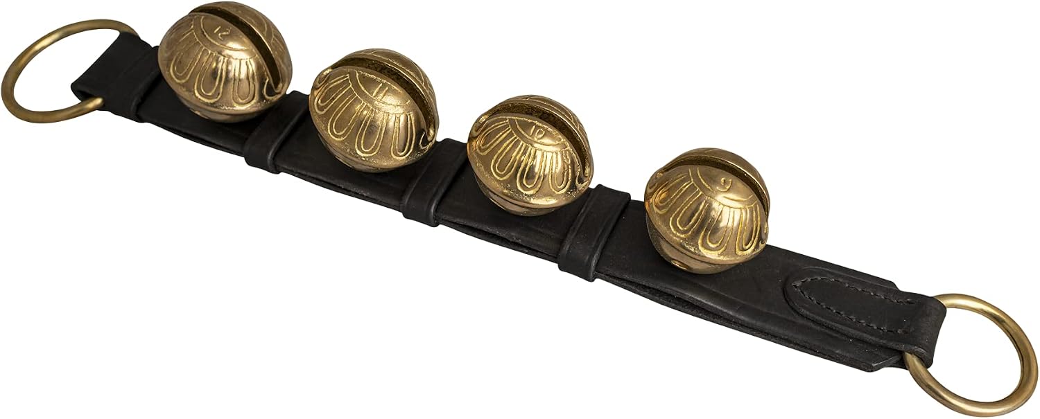 Rustic Red Door Co. Hanging Jingle Sleigh Bells on Leather Strap for Door Knob, Dog to Go Outside, Pet Puppy Potty Training, Christmas Decor, 4 Brass Bells, Black Leather