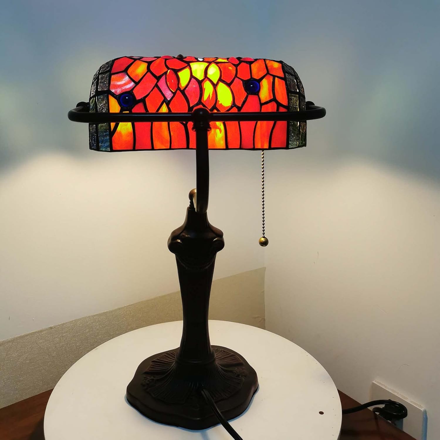 Bieye L10057 Dragonfly Tiffany Style Stained Glass Bankers Desk Lamp Table Lamp for Reading Working Home Decoration, 10' W x 16' H (Red)