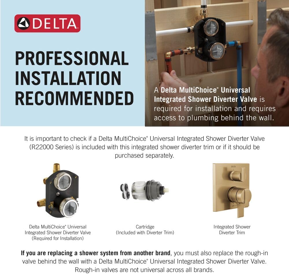 Delta Modern Dual-Function Shower Handle Trim Kit with 3-Way Integrated Diverter, Matte Black Shower System Valve with Diverter, Matte Black T27867-BL (Valve Not Included)