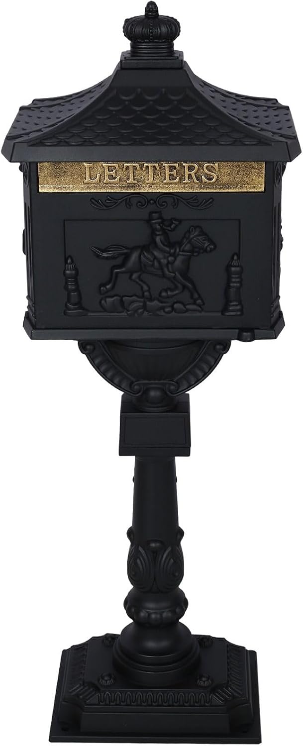 Cast Aluminum Post Mount Mailbox, Heavy Duty Courtyard Villa Decoration Vertical Security Postal Mailbox, Black
