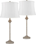 360 Lighting Lynn Country Cottage Core Rustic Buffet Table Lamps 26 3/4' Tall Skinny Set of 2 Light Beige Wood White Fabric Softback Drum Shade for Living Room House Home Dining Office Family