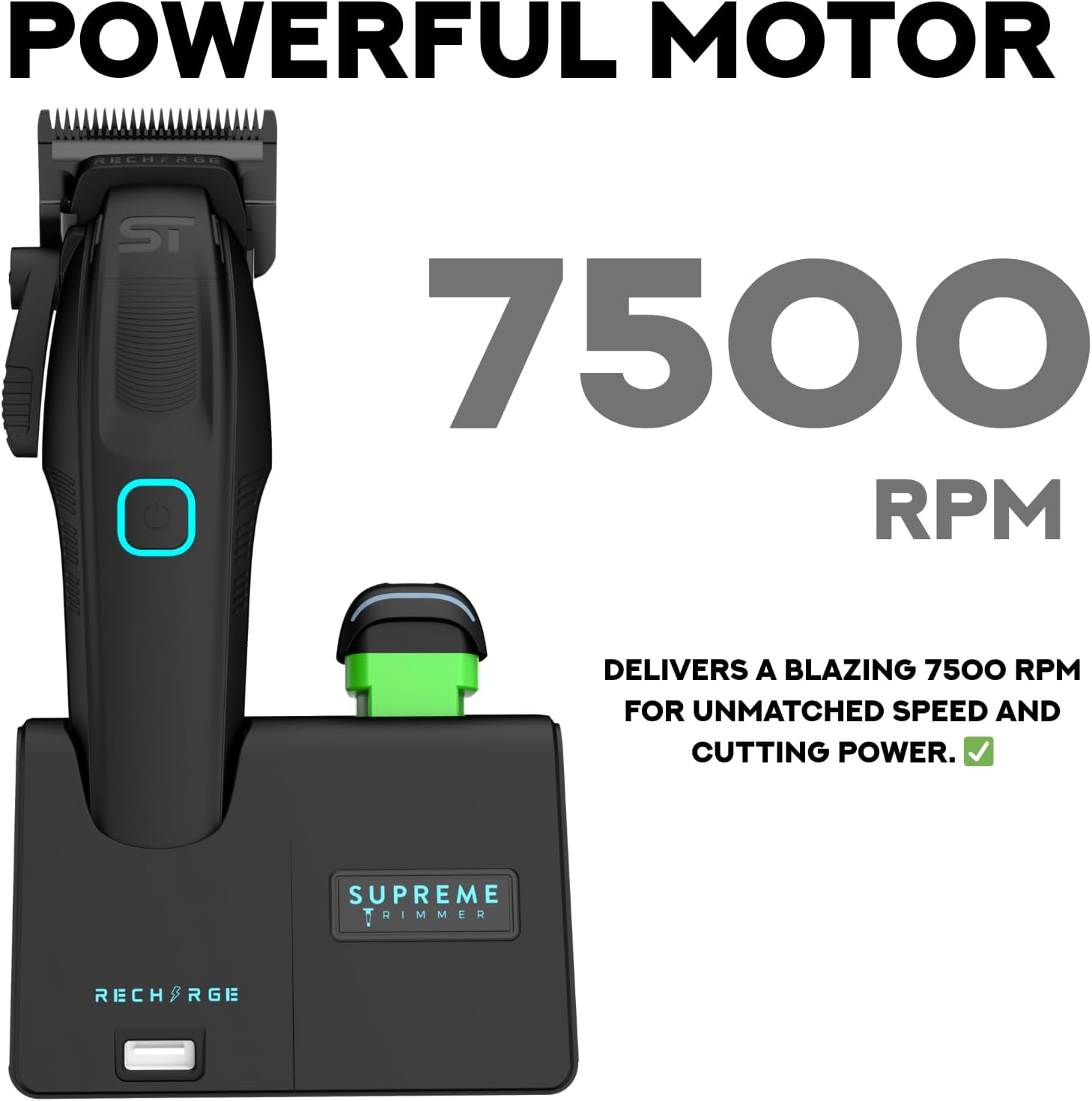 Supreme Trimmer Recharge Clipper - Professional Hair Clipper with 2 Removable Batteries, Brushless Motor, Smart Charge Stand, USB-C Charge & DLC Blades Barbers | STC779