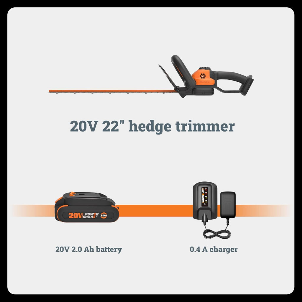 WORX 22' Cordless Hedge Trimmer, Electric Hedge Trimmer with Dual-Action Blades, Lightweight Bush Trimmer with 5.5 LBS, Battery & Charger Included, WG261