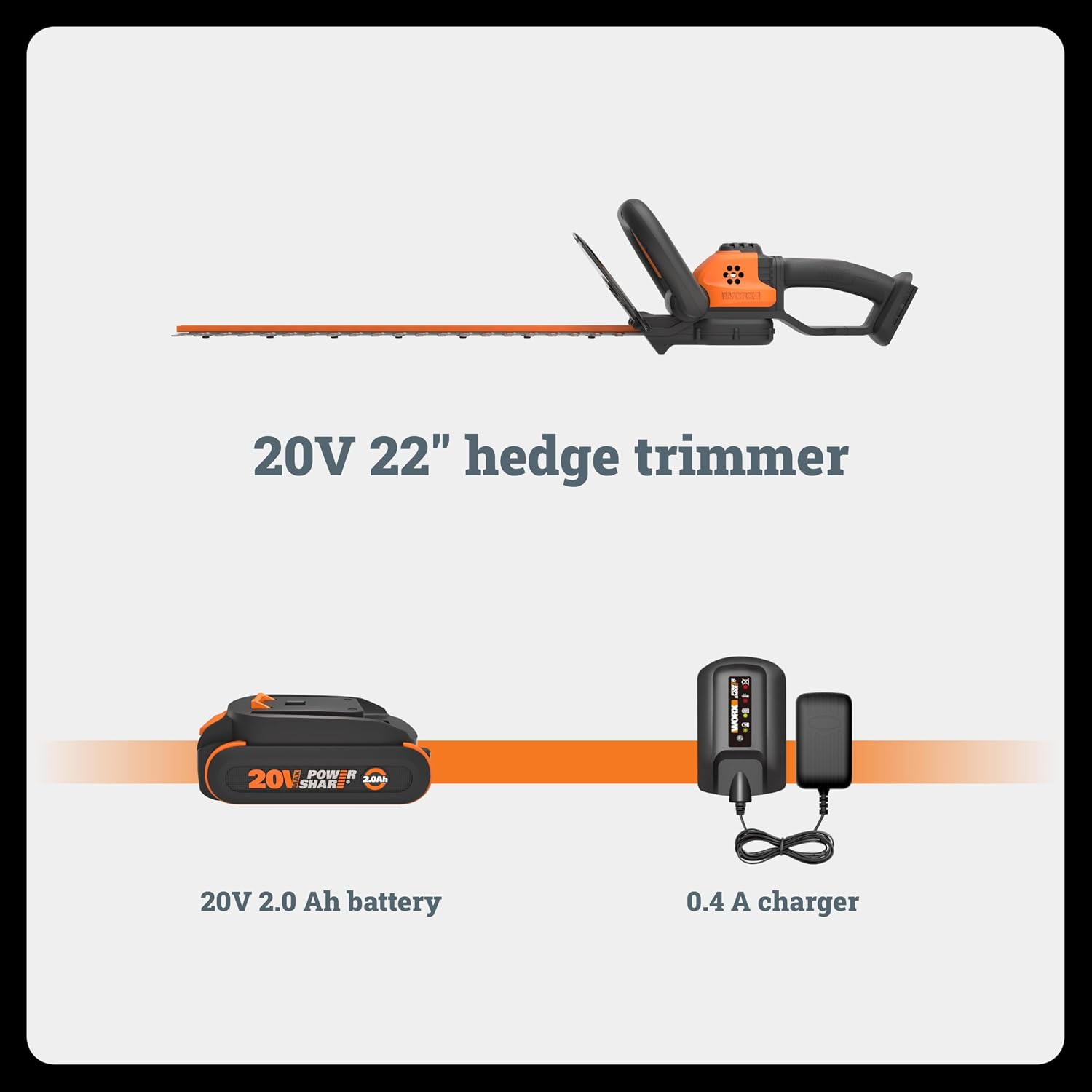 WORX 22' Cordless Hedge Trimmer, Electric Hedge Trimmer with Dual-Action Blades, Lightweight Bush Trimmer with 5.5 LBS, Battery & Charger Included, WG261
