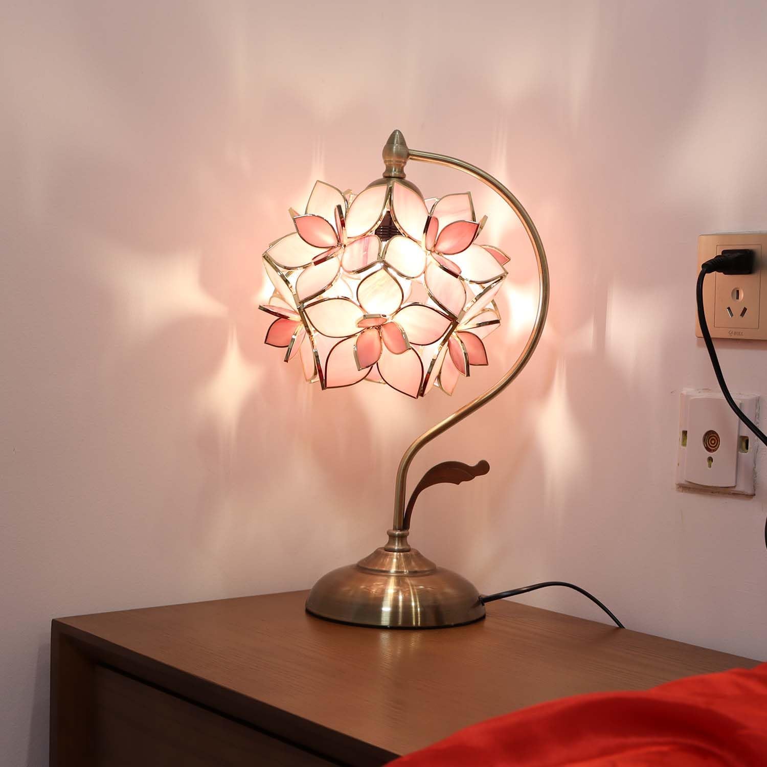 Bieye L10833 Rose Lily Flower Tiffany Style Stained Glass Table Lamp with Vintage Brass Base Electroplating Finish for Bedside Bedroom Living Room Home Decoration, 8 inch Wx17 inch H, 8 inch Rose Lily