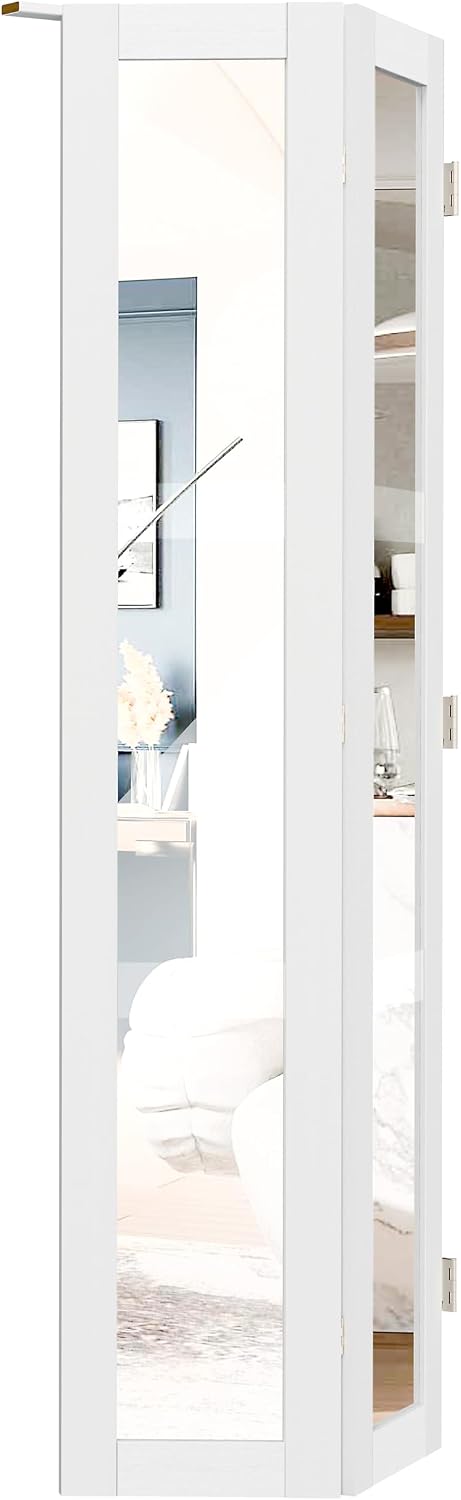 180 Degree Bifold Door, for 30″x 80″ Door Openings, White 1-Lite Mirrored Folding Door with Hinges Hardware Set, Full Access Bifold Closet Doors Perfect for Room Dividers