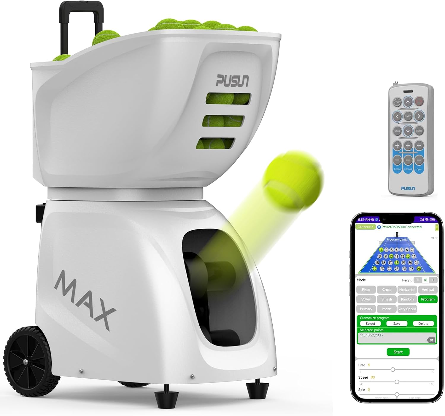 PT-MAX C Professional Smart Tennis Ball Machine | APP Controlled 28-Point Programming | 5-7Hr Ultra Battery | 20-140km/h Variable Speed | 150 Ball Capacity | Portable Training Solution