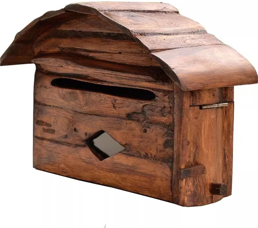 Antique Thai Wooden Mailbox - Farmhouse Wall Post Box with Bill Slot, Vintage Outdoor Garden Decor, Original Texture
