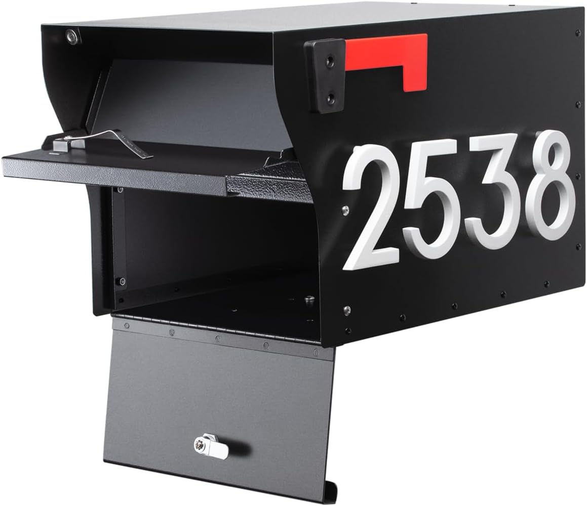 Whitehall MailVault Streetside Locking Mailbox, Personalize with Modern Stand-Off Address Numbers Package – Steel, Secure Weather Resistant Modern Square Mailbox (Black/White)