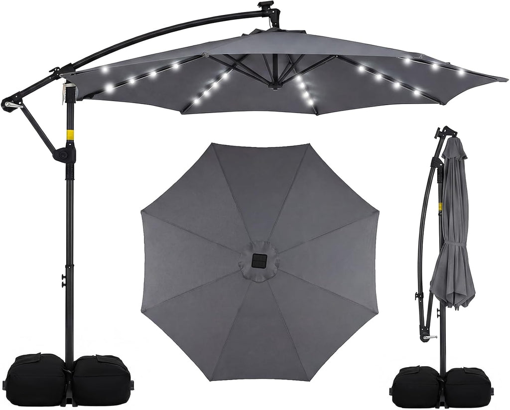 Tangkula 10ft Solar Patio Umbrella with Base Included, Offset Cantilever Outdoor Umbrella with 32 LED Lights, 360 Degree Rotation, Crank Handle for Pool Deck Garden Backyard (Gray)