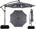 Tangkula 10ft Solar Patio Umbrella with Base Included, Offset Cantilever Outdoor Umbrella with 32 LED Lights, 360 Degree Rotation, Crank Handle for Pool Deck Garden Backyard (Gray)