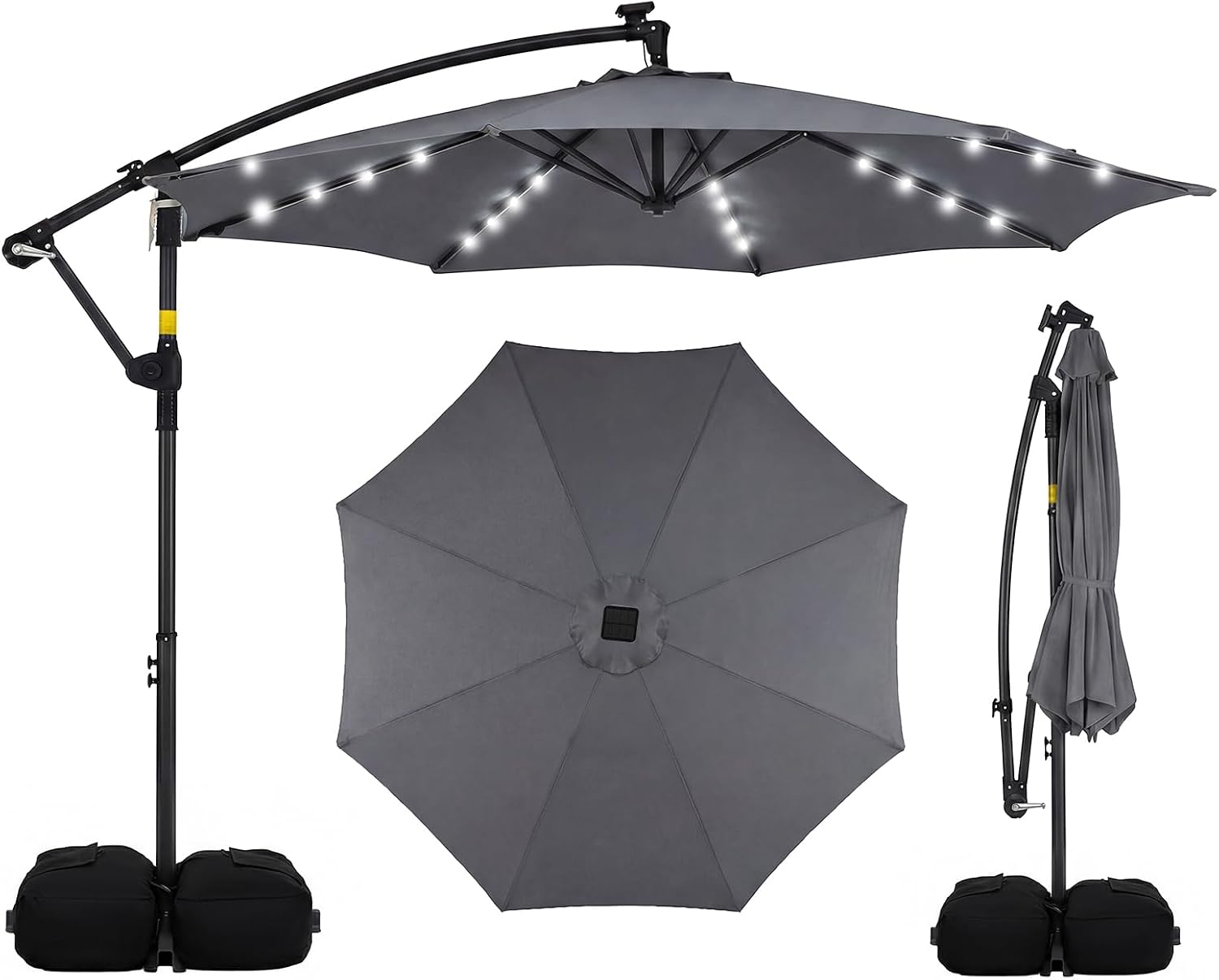 Tangkula 10ft Solar Patio Umbrella with Base Included, Offset Cantilever Outdoor Umbrella with 32 LED Lights, 360 Degree Rotation, Crank Handle for Pool Deck Garden Backyard (Gray)