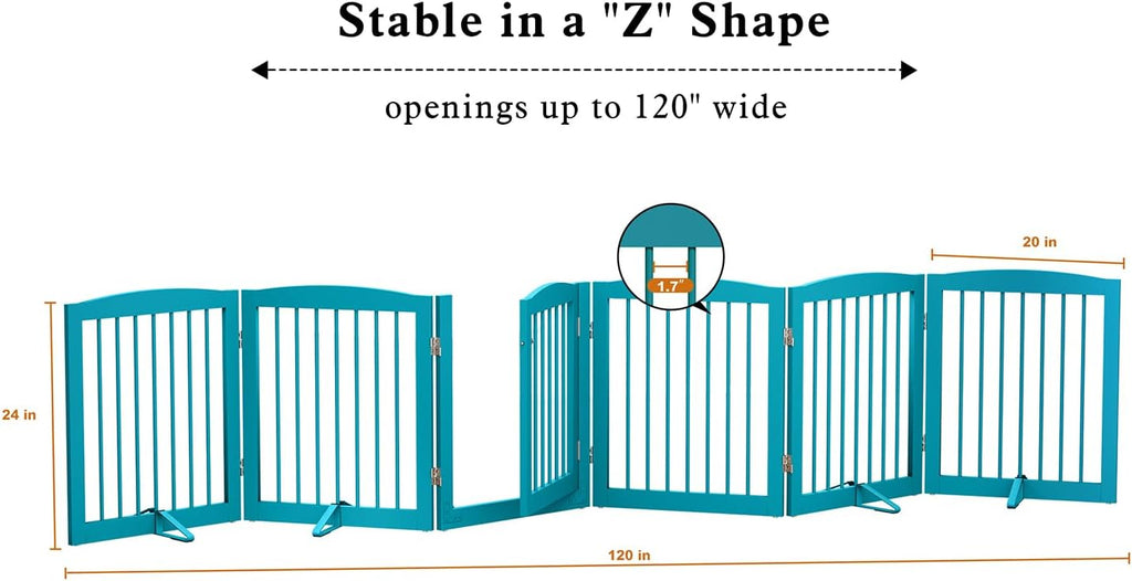 PUPETPO Freestanding Pet Gates with Walk Through Door, Dog Indoor Fence, Dog Gate for The House, Doorway, Stairs, Extra Wide Pet Gate, Support Feet Included, 120 Inch Wide, 6 Panels 24' Tall, Blue