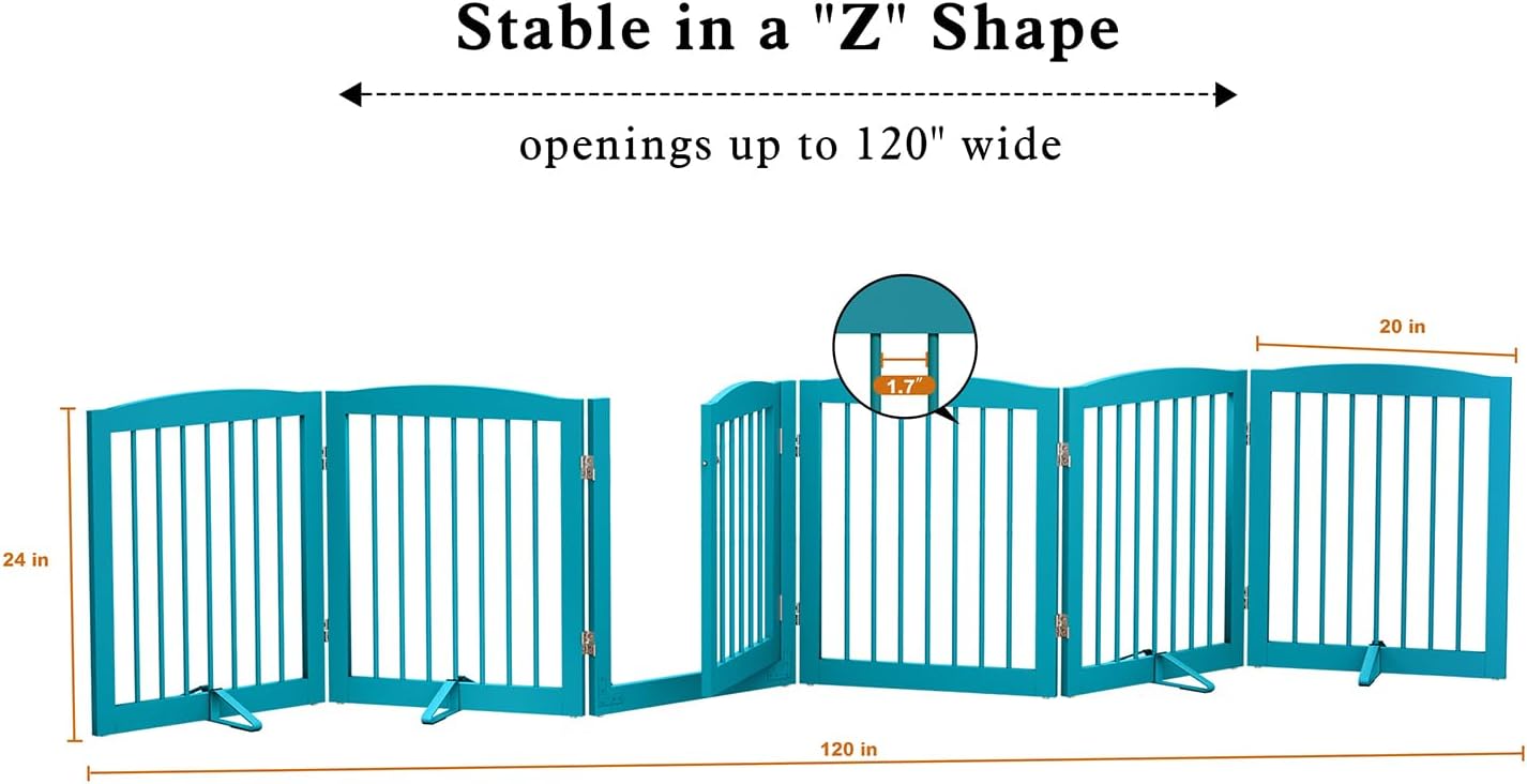 PUPETPO Freestanding Pet Gates with Walk Through Door, Dog Indoor Fence, Dog Gate for The House, Doorway, Stairs, Extra Wide Pet Gate, Support Feet Included, 120 Inch Wide, 6 Panels 24' Tall, Blue