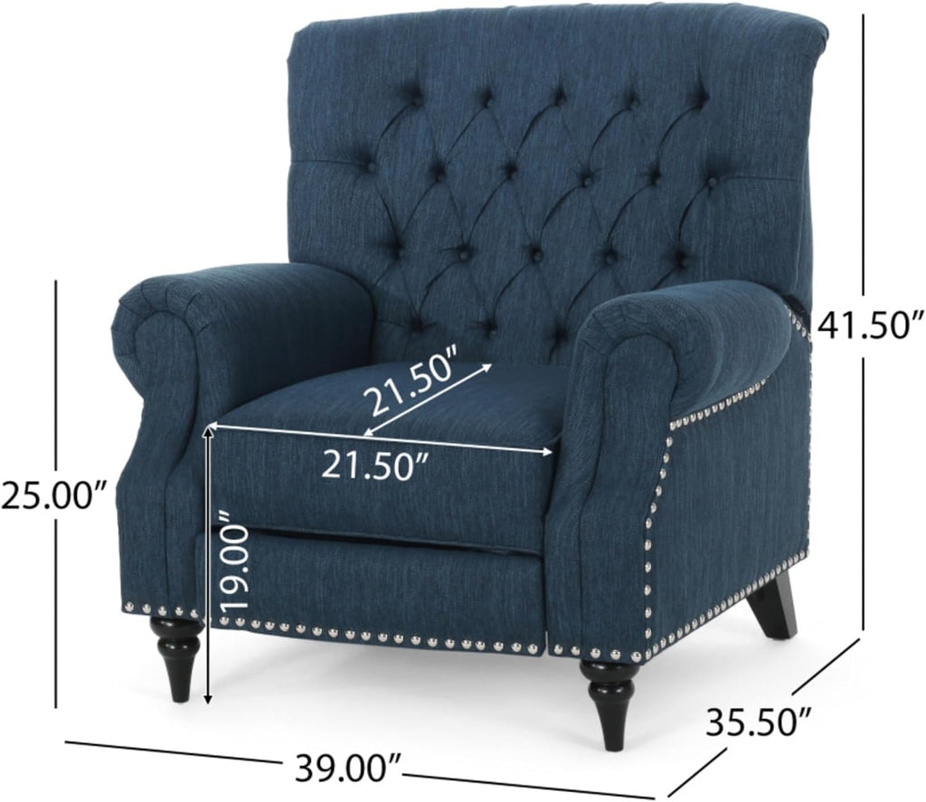 Classic Style Manual Push Back Chair with Exquisite Rivet Decor and Rolled Armrests, Ideal for Living Room Relaxation and Daily Seating (Navy Blue + Fabric)