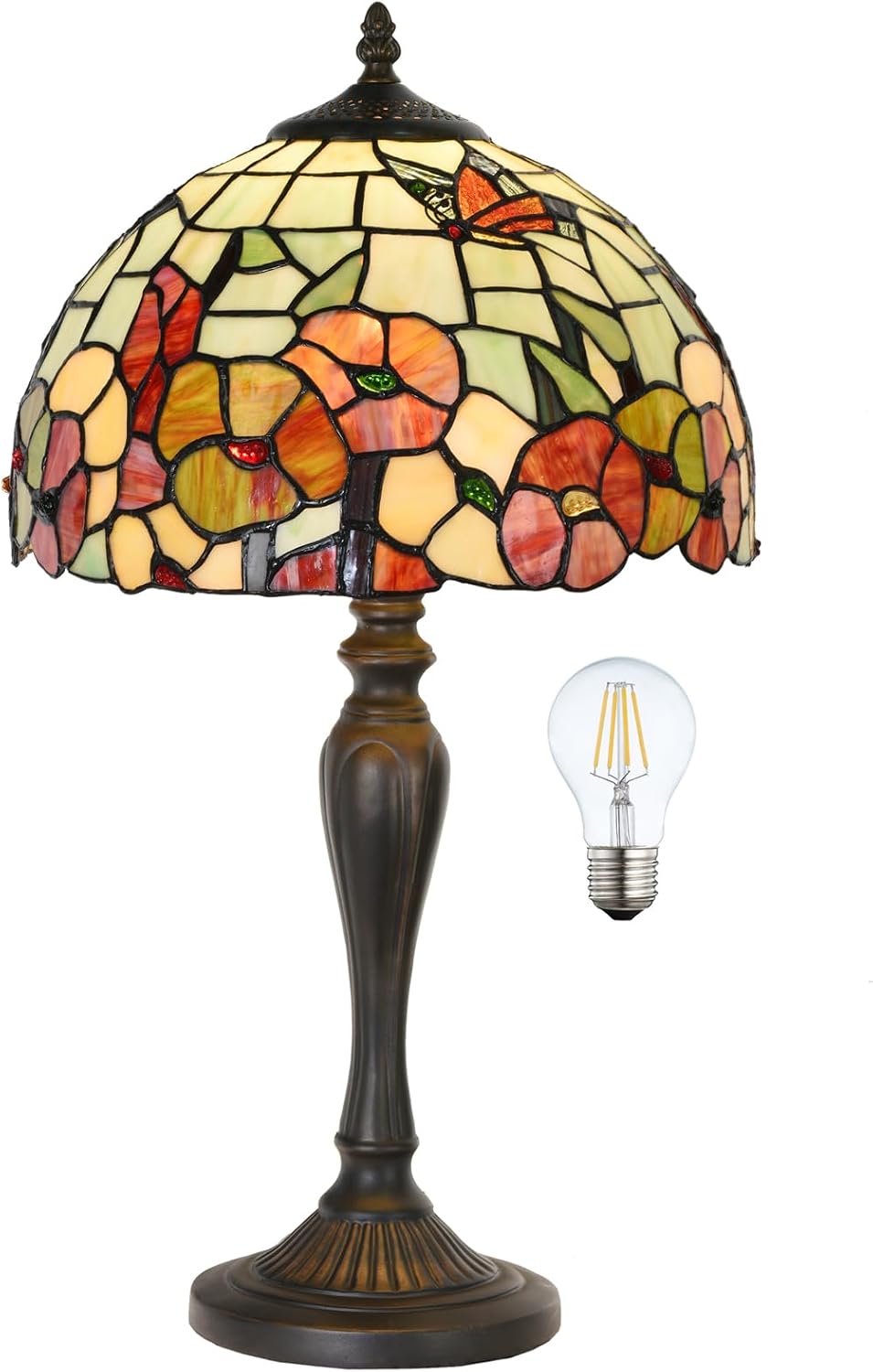 TL0002 Tiffany Style Table Lamp 21.5' High Blossoming Antique Stained Glass Lamp for Living Room Bedroom Bedside Nightstand Home Office, LED Bulb Included