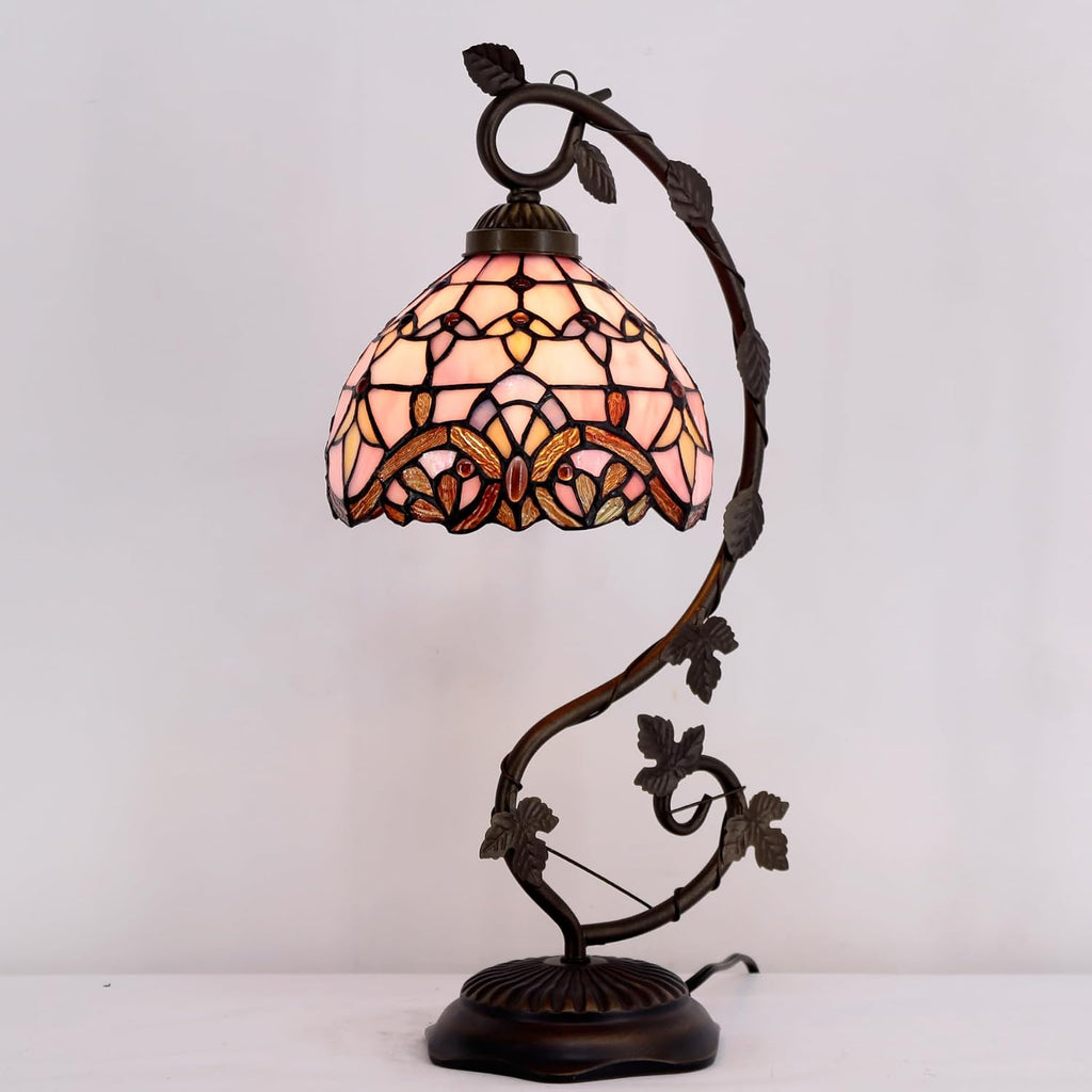 WERFACTORY Tiffany Table Lamp Pink Stained Glass Baroque Style Reading Desk Light, Metal Leaf Base 8X10X21 Inches Decor Small Space Bedside Bedroom Home Office S003P Series